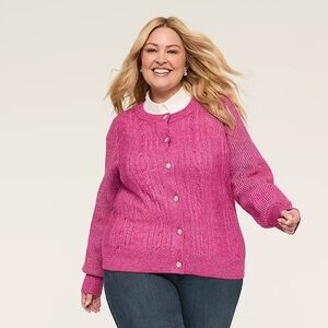 Lane Bryant 18/20 NWT bling button Bright Pink Button-Front Cable Knit Cardigan